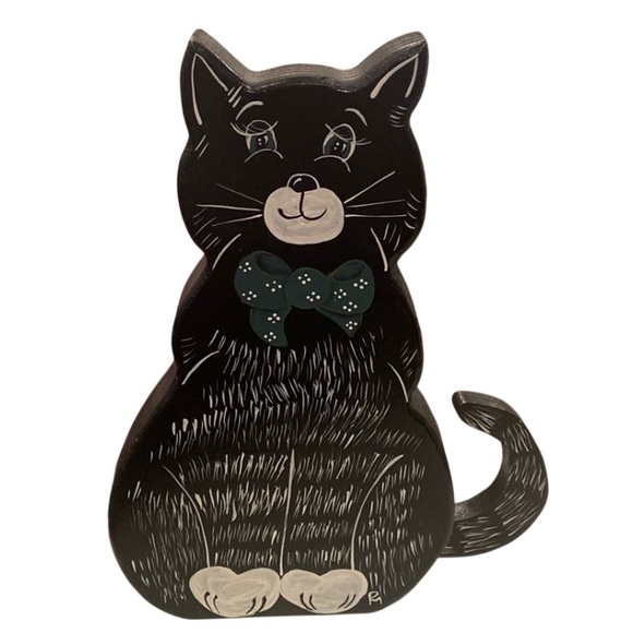 Vtg Hand Carved Hand Painted Wooden Black Cat 10” Figurine Folk Art Posable 🐈‍⬛ - Picture 1 of 13